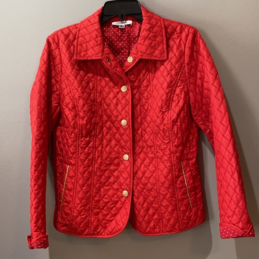 Flair Red Quilted Gold Accents Reversible Button Up Jacket Ladies Small - Picture 10 of 16